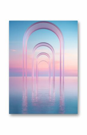 3d render, abstract zen seascape background. Nordic surreal scenery with geometric mirror arches, calm water and pastel gradient sky. Futuristic minimalist wallpaper