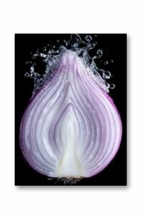 Half a red onion splashes in water against a black background, AI