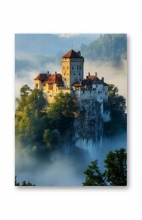 Old castle on a hill surrounded by misty forests A historic castle with towers and battlements, perched majestically on a hill as thick fog envelops the surrounding forests.