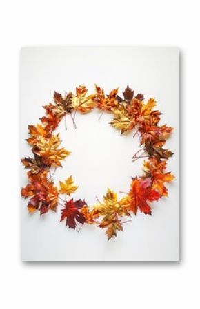 Vibrant autumn leaves arranged in circle on white background