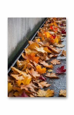 Close up of a gutter filled with autumn leaves.