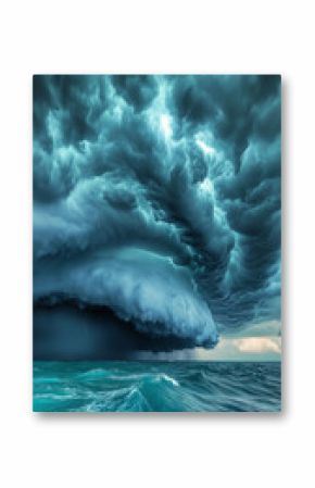 blue ominous dark storm cloud with large mushroom-shaped ceilings floating over ocean, phone wallpaper background