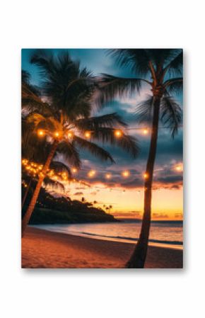 Tropical sandy beach with palm trees decorated with glowing garlands