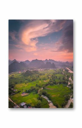 Aerial landscape in Phong Nam valley, Cao bang province, Vietnam with river, nature, rice fields, beautiful destination in Northern Vietnam