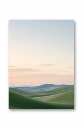 serene pastel landscape featuring rolling hills, soft green fields, and tranquil sky at dusk. gentle curves create peaceful atmosphere, inviting relaxation and reflection