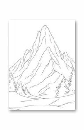 Line Art Illustration of Majestic Mountain Peak, Wilderness Scenery, Nature Illustration