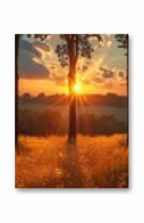 Sunset in a field with trees and grass and a person standing in the middle, nature background