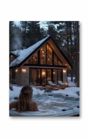 A woman is sitting in a hot tub in front of a cabin