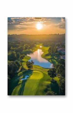 Stunning sunset over a serene golf course with water features and lush greens in the distance