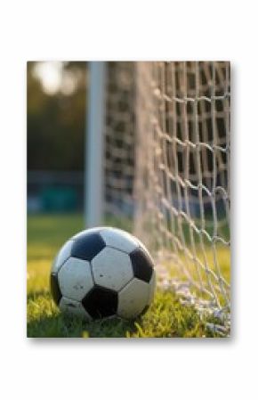 A close-up of a soccer ball resting near the goalpost on a sunny soccer field, with grass in the foreground. The image captures sports, outdoor activity, and competition.