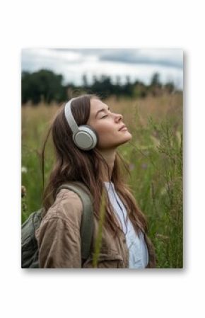 A young female from behind, listening to music with headphones in a wooded area, autumn season, outdoor and leisure concepts.