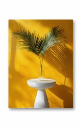 A white bowl resting on a wooden surface with green plants and bright yellow wall background