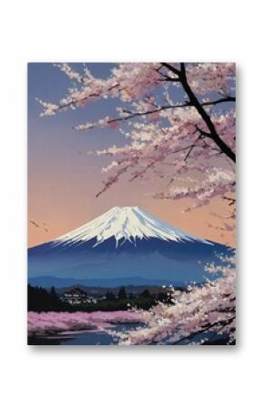 Mount Fuji framed by blooming cherry blossoms featuring vibrant pinks and soft whites of the cherry blossoms