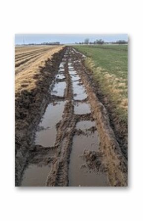 Muddy tire tracks stretch through a vibrant landscape after a spring rain, framed by grass and dark clouds in the sky