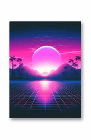 A retro-futuristic landscape captures a glowing magenta grid leading to horizon with palm silhouettes against a vibrant setting sun, invoking nostalgia and modernity.