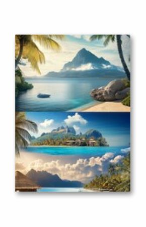 Serene tropical landscape at sunrise featuring a calm lagoon, mountains, and lush palm trees on a peaceful shore