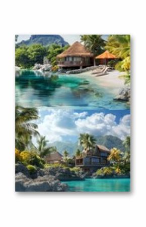 Tropical beachfront resort with thatched roofs and clear turquoise waters in a serene landscape under a blue sky