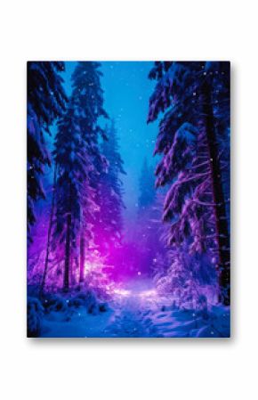 Snow-covered forest at night illuminated by neon purple lights, creating a surreal and mystical atmosphere. Generative AI