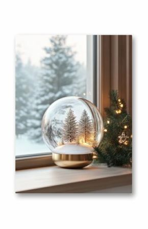 Minimalist christmas snow globe on window background