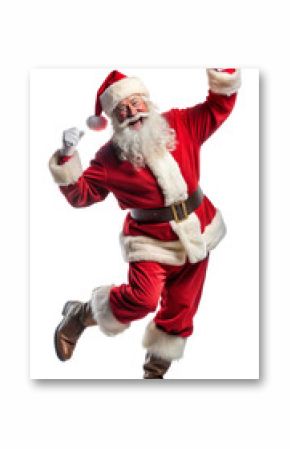 A man, who is dressed up as Santa Claus, is joyfully jumping high in the air, showcasing his festive spirit during the holiday season