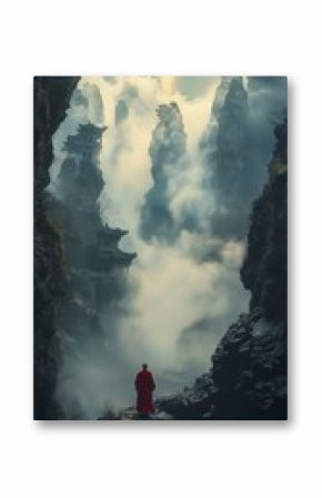 A solitary monk in a red robe stands among towering mist-covered mountains, contemplating ancient cliffside temples.