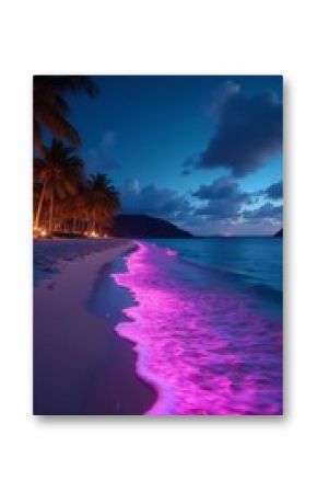 Enchanting Night Beach Scene with Bioluminescence and Stars.