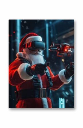 Futuristic santa claus wearing a red exoskeleton and virtual reality glasses is checking a delivery drone coming out of his arm