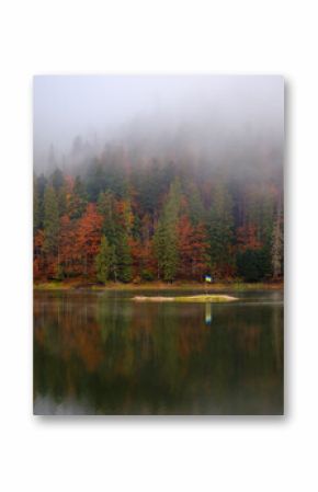 landscape with lake in autumn. foggy weather. mysterious woods. trees in colorful foliage. spooky atmosphere. synevyr national park, ukraine in fall season