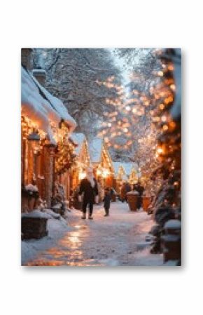 A charming winter night in a snow covered village with dazzling lights and a peaceful atmosphere