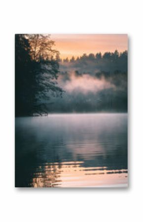 Lakeside sunrise with mist, silhouetted trees, and soft golden glow over water Vertical Mobile Wallpaper