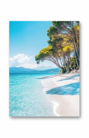 Beautiful tranquil beach with clear turquoise water and trees along the shore on a sunny day in summer