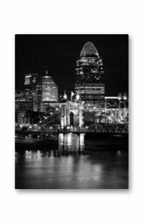 Cincinnati City Skyline Nightscape over the Ohio River, a retro-style black and white photo