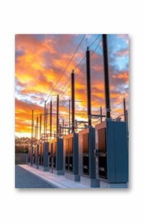 Power Distribution Substation at Sunset, High Voltage Infrastructure for Electricity Supply.