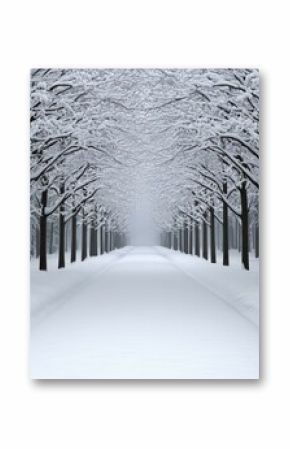 Snow-covered pathway lined with trees in winter landscape