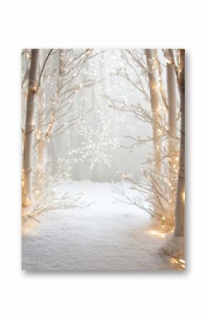 Beautiful snowy winter forest with lights 