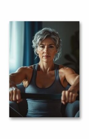 Middle aged determined woman sitting on armchair using resistance band. Mid adult fitness woman exercising for muscles of the chest at home during lockdown. Healthy mature lady working out in bedroom