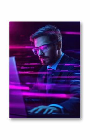 Analyst working at laptop with automation process. Business process automation, business process workflow, automated business system concept. Website vibrant violet landing web page template.