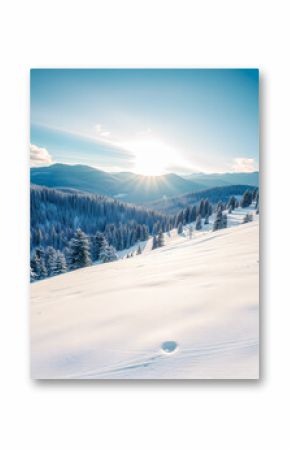 Stunning panorama of snowy landscape in winter. Deep snow on forest field soft sunlight, idyllic winter adventure, outdoor scene. Peaceful nature background. Snowy mountain sunshine, picturesque. Ai