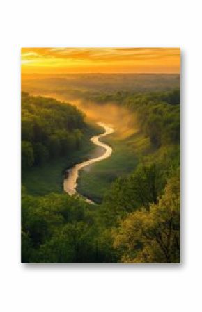 A serene sunset over the meandering Cuyahoga River in Cuyahoga Valley National Park, capturing nature's beauty in golden hues