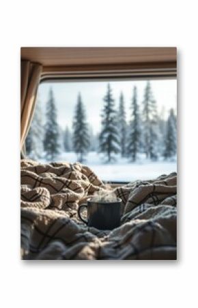 Cozy Winter Morning in a Camper with Steaming Coffee Mug and Scenic Snowy Forest View