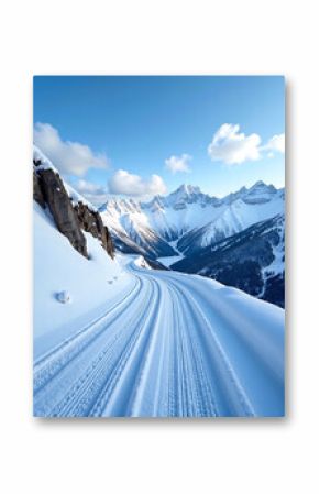 Snow-covered mountain road with a clear blue sky, winter adventure