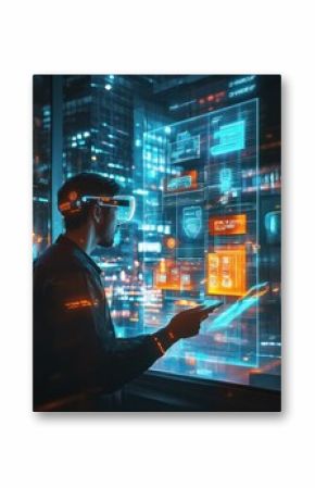 deadline, augmented reality and technology concept - creative man with virtual headset or vr glasses and hologram of menu icons at night office