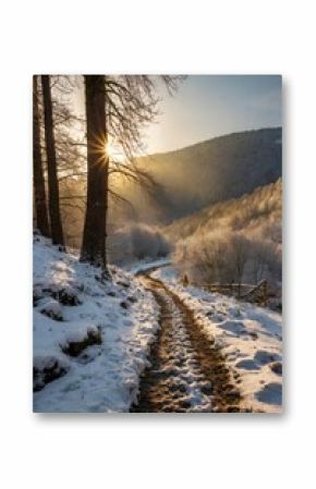  Forrest path with sun at the peaks of the tees in winter, Germany