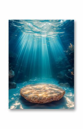 A large podium stone lying on the seabed and illuminated by the sun rays breaking through the surface of the water. Cosmetics advertising mockup. Beautiful panorama of the underwater world