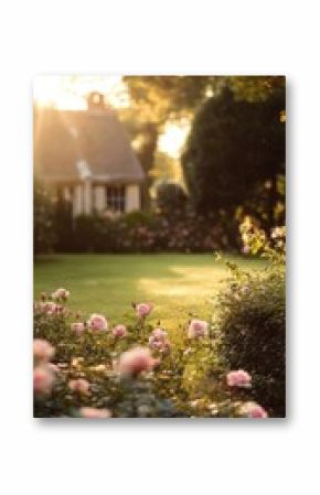 Sunset Serenity: Pink Roses and Cottage Garden