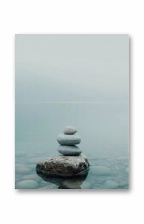 Relaxing stone stack in calm water surrounded by mist during early morning light