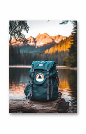 Minimalist Logo Sticker on Water-Resistant Backpack in Outdoor Adventure Setting