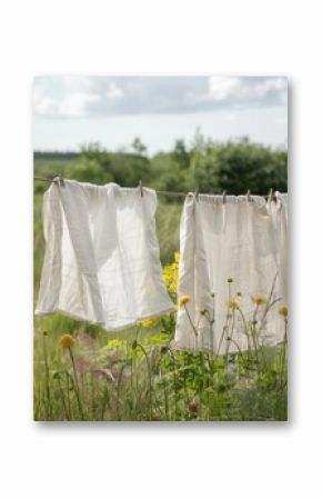 Freshly Washed Linen Draped on a Clothesline in a Sunny Meadow Surrounded by Wildflowers. Generative AI