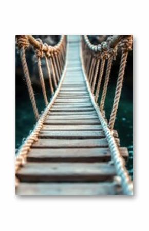 A wooden suspension bridge stretching over calm turquoise waters in a secluded area, inviting adventurers for exploration and tranquility amid nature's beauty