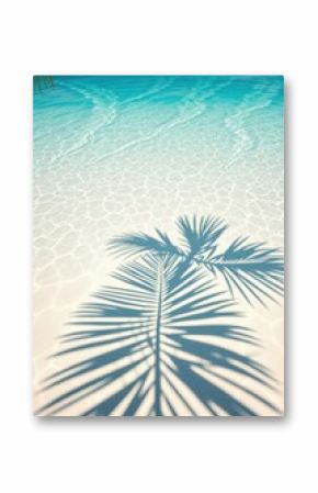 Tropical beach paradise, crystal clear turquoise water, white sand, palm leaf shadow, underwater ripples, sunlight, tranquil ocean floor, summer vacation vibes, aerial view, minimalist composition, hi